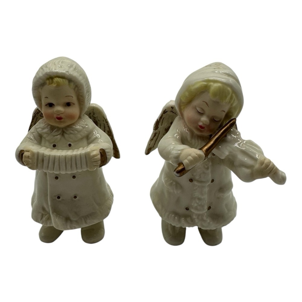 Pair of Vintage Grandeur Noel Angel Figurines Playing Instruments Christmas 3.5"